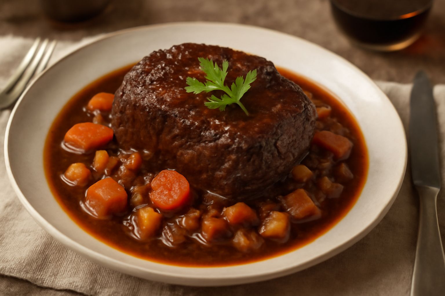 Un pezzo di manzo brasato rosso scuro, circondato da verdure caramellate e brunite in un piatto fondo bianco, con salsa lucida di sangiovese, prezzemolo fresco e pepe nero grossolanamente macinato