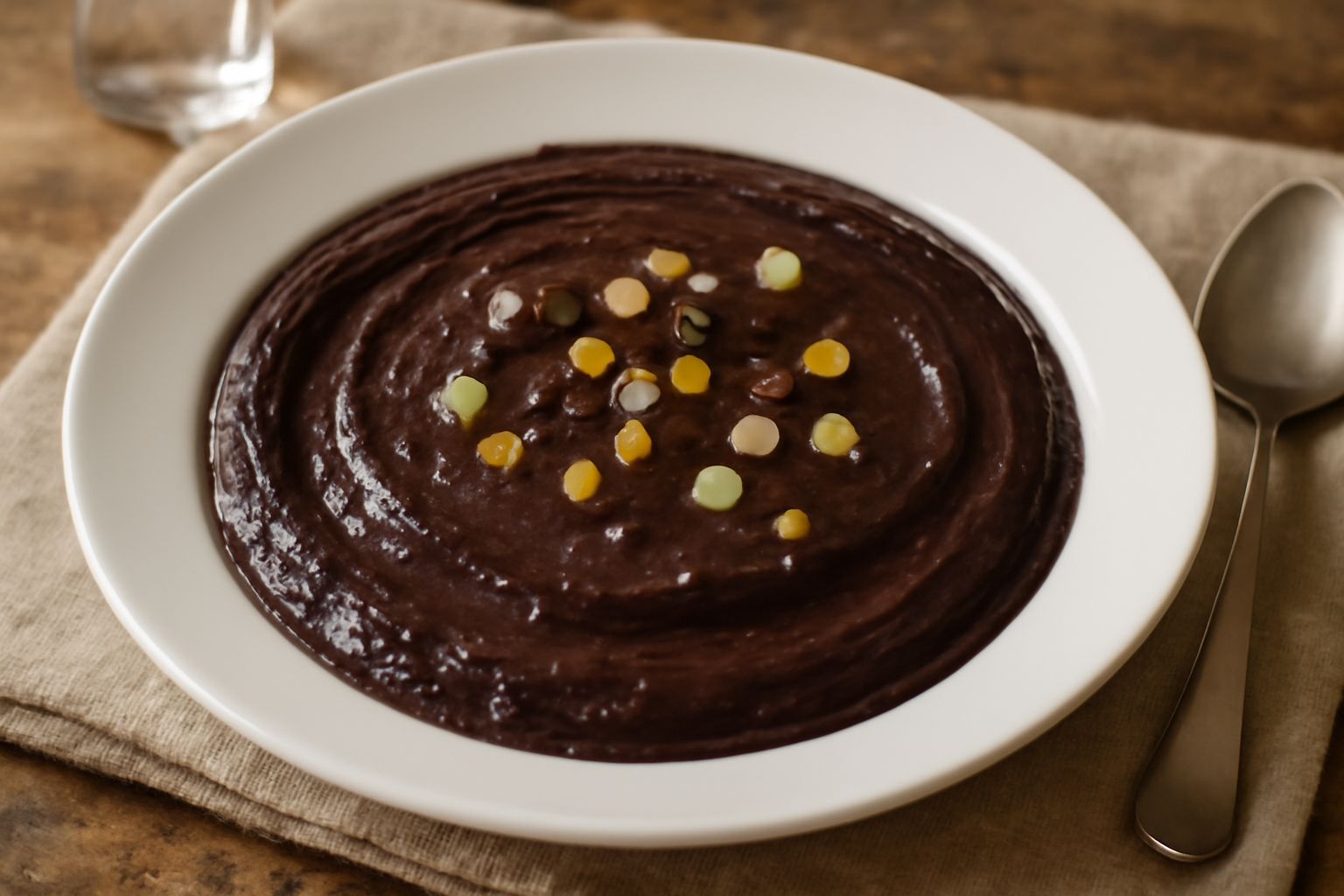 Sanguinaccio scuro cremoso in un piatto bianco, con una texture compatta e lucida, piccoli pezzi di canditi visibili, servito con cucchiaio in acciaio