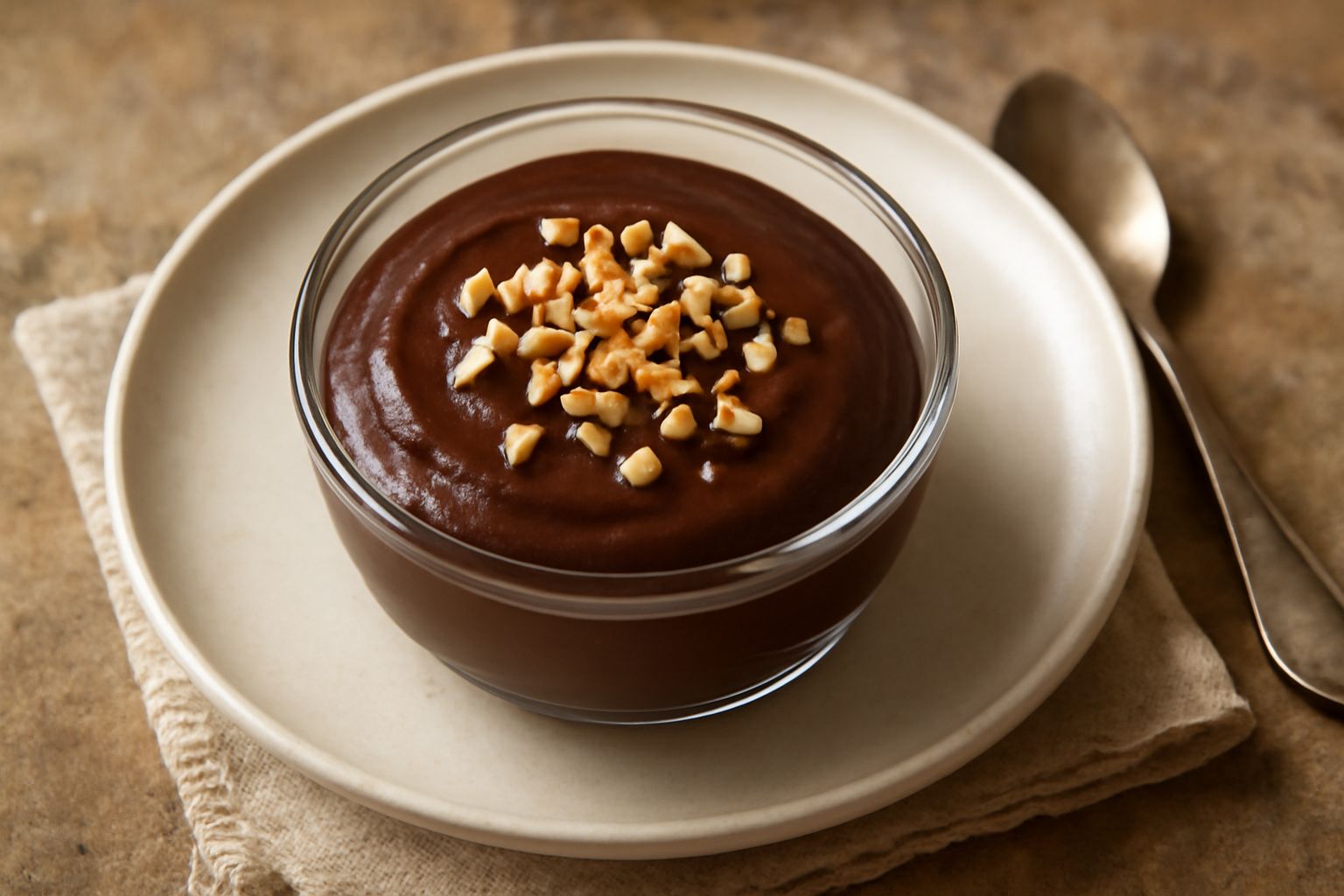 Sanguinaccio freddo in coppetta di vetro, cremoso e lucido, color marrone scuro con superficie liscia, guarnito con mandorle tritate e contorno di biscottini savoiardi su piatto bianco