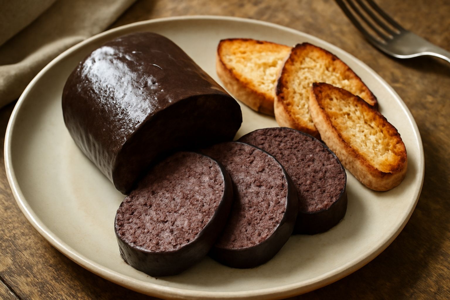 Sanguinazzu in un piatto bianco con superficie scura e liscia, accompagnato da pane tostato e cipolla tritata, su un tavolo di legno rustico