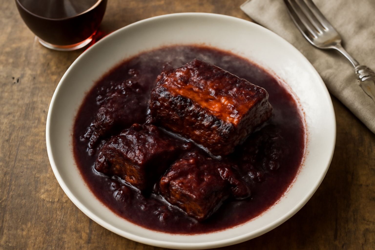 Bicchiere di vino rosso Sannio Aglianico colore granato intenso accanto a una pentola in terracotta con ragù di carne, erbe aromatiche sparse sulla superficie, sfondo cucina rustica