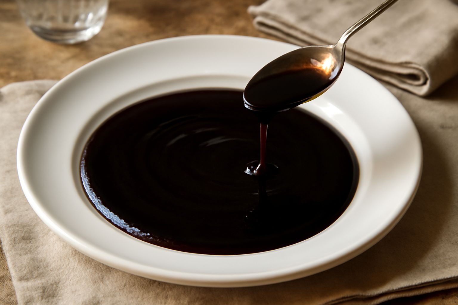 Sapa di mosto di colore marrone scuro e denso in una ciotola di ceramica, con un cucchiaio di legno immerso nel condimento lucido e denso, sfondo di uva rossa fresca