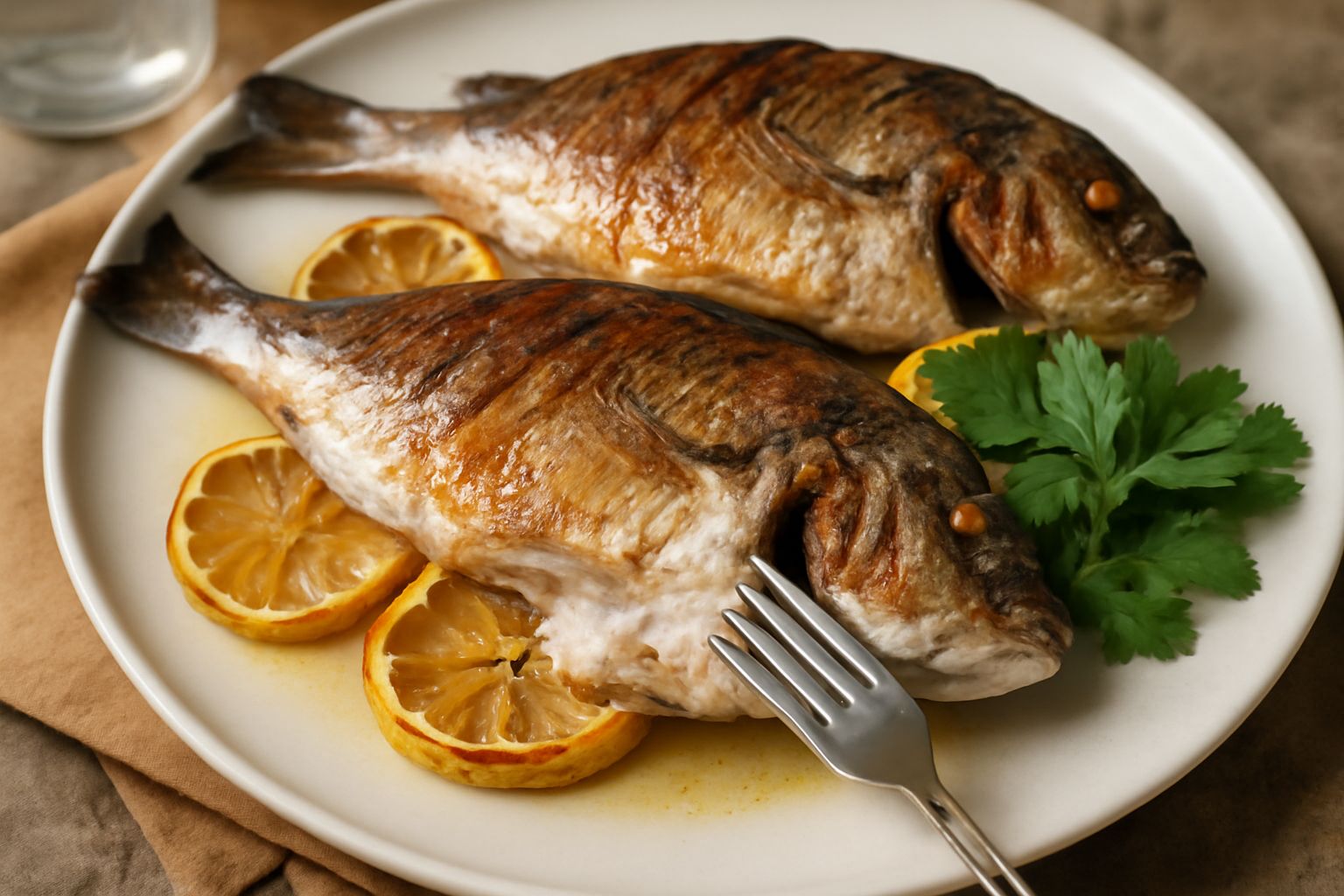 Due saraghi interi dorati al forno su un piatto bianco con fettine di limone fresco, prezzemolo verde e una leggera doratura della pelle
