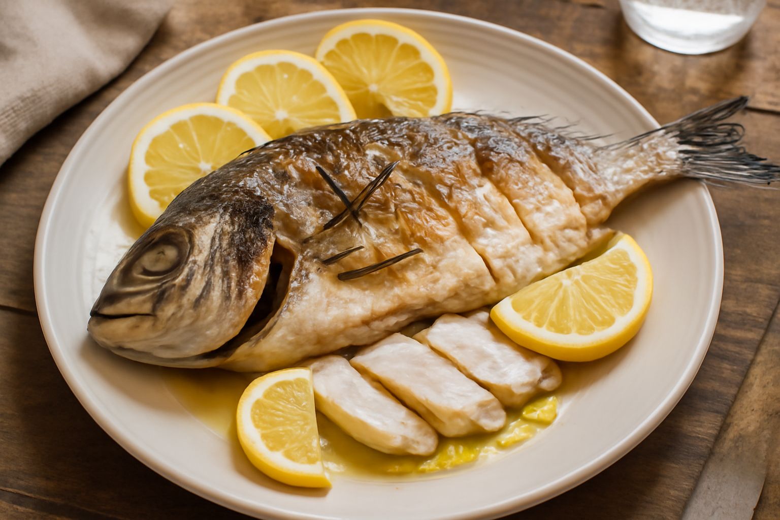 Sarago intero dorato appena sfornato, su un piatto bianco con spicchi di limone fresco, prezzemolo verde e rosmarino, contorno di verdure grigliate leggere