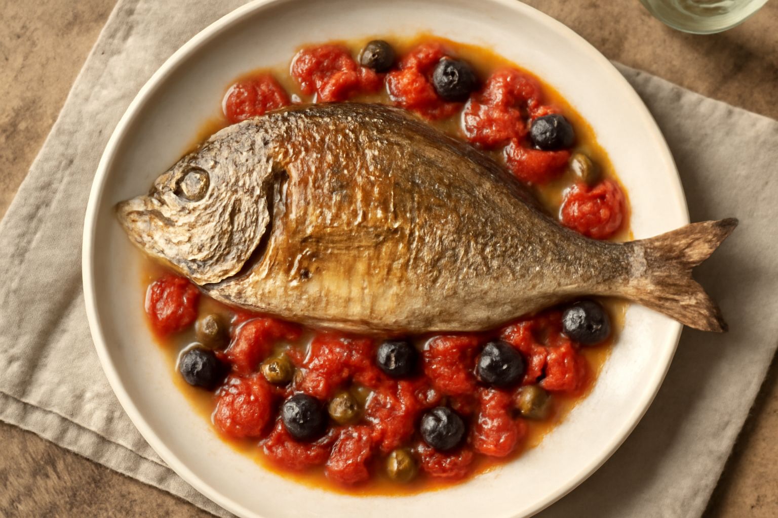 Sarago intero dorato al forno con pomodori rossi, olive nere e capperi sparsi intorno nel piatto bianco, guarnito con prezzemolo fresco e limone affettato