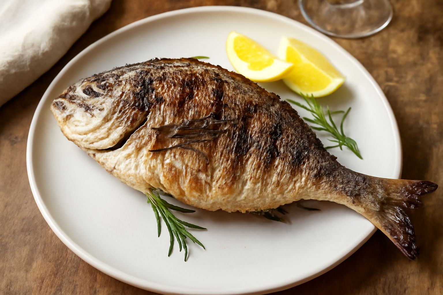 Sarago intero arrosto sulla griglia, pelle dorata e croccante, contornato da limone fresco tagliato a spicchi e erbe aromatiche, piatto bianco con olio di oliva