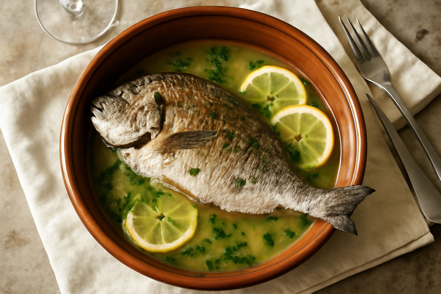 Sarago intero dorato cotto in una pignata di terracotta scura, ornato di fettine di limone giallo e prezzemolo verde fresco, il pesce parzialmente coperto dal brodo di cottura trasparente, impiattato 
