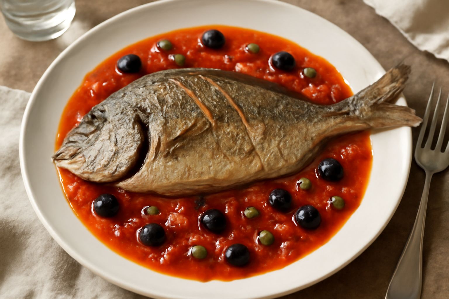 Sarago intero dorato al forno su piatto bianco con pomodori rossi, olive nere e capperi verdi sparsi intorno, guarnito con prezzemolo fresco