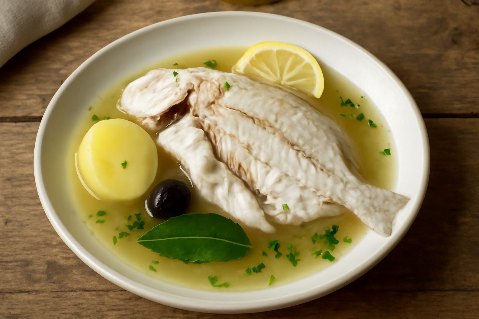 Sarago intero bollito bianco e tenero servito in piatto di porcellana bianca con limone tagliato a fette, patate lesse e prezzemolo fresco
