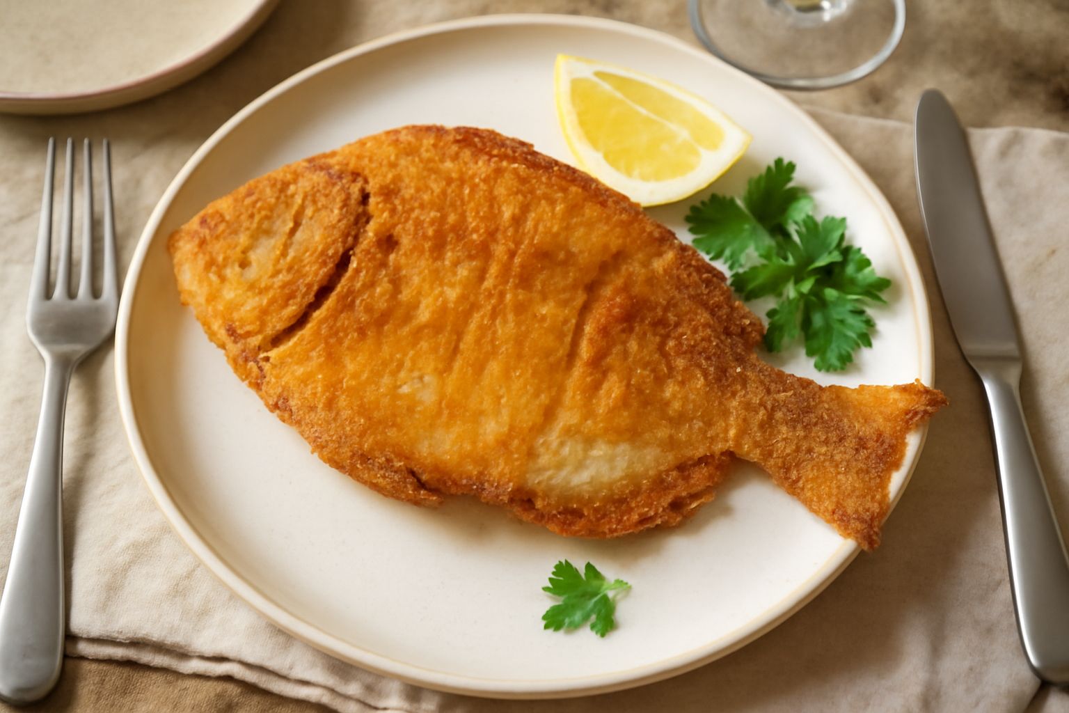 Tre saraghi fritti dorati e croccanti su un piatto bianco, guarniti con spicchi di limone fresco e prezzemolo tritato, accompagnati da una ciotola di salsa rossa