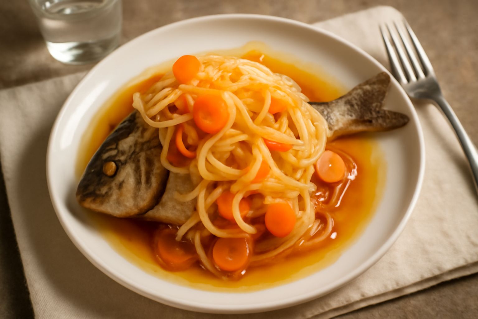 Sarago intero fritto dorato in un piatto bianco, coperto da verdure affettate sottili di cipolla e carota, con aceto e olio lucido, foglia di prezzemolo verde in cima