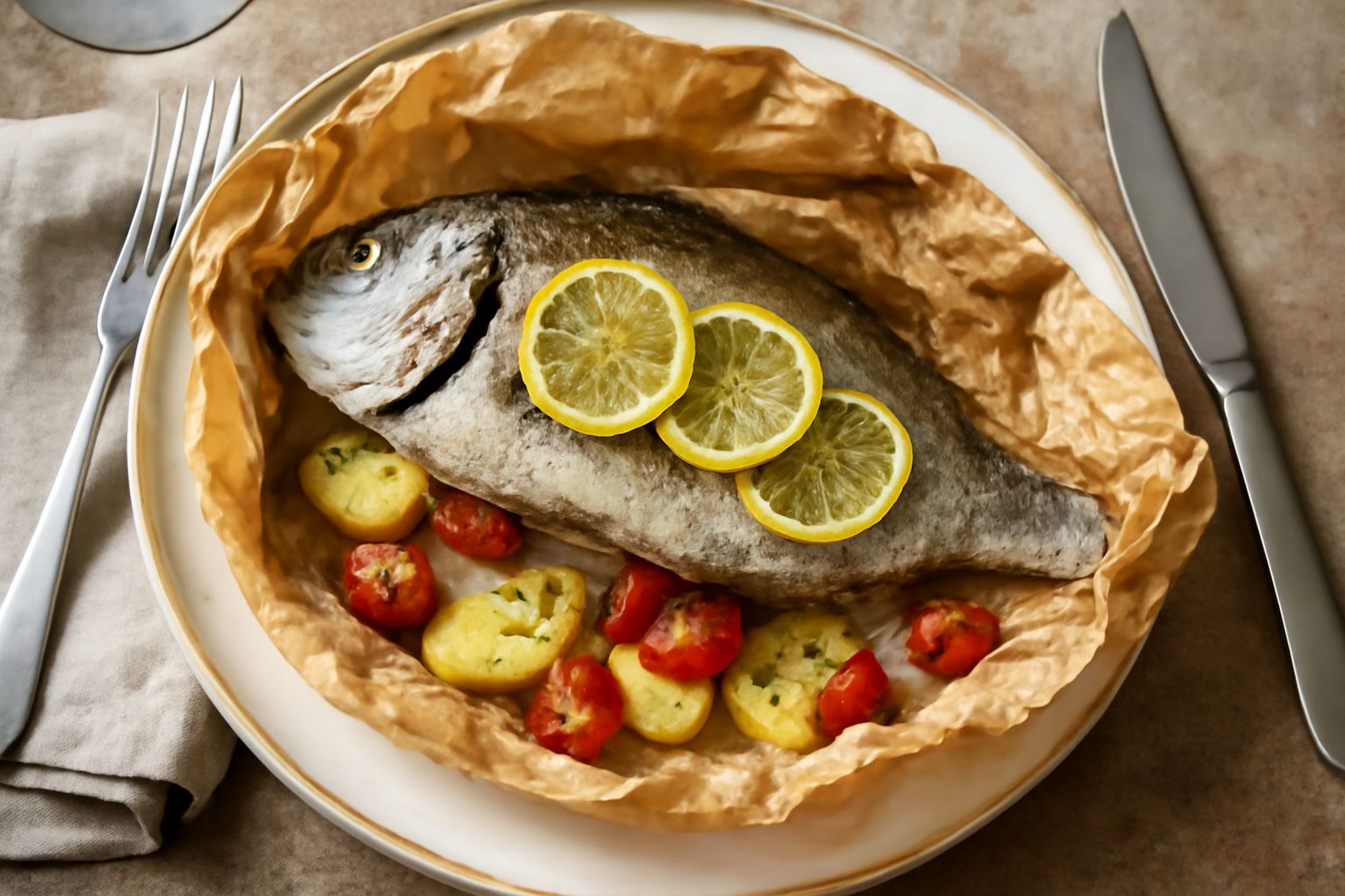 Sarago intero cotto in cartoccio di carta da forno, con fette di limone e prezzemolo fresco visibili dentro, vapore che esce dall'apertura superiore del pacco