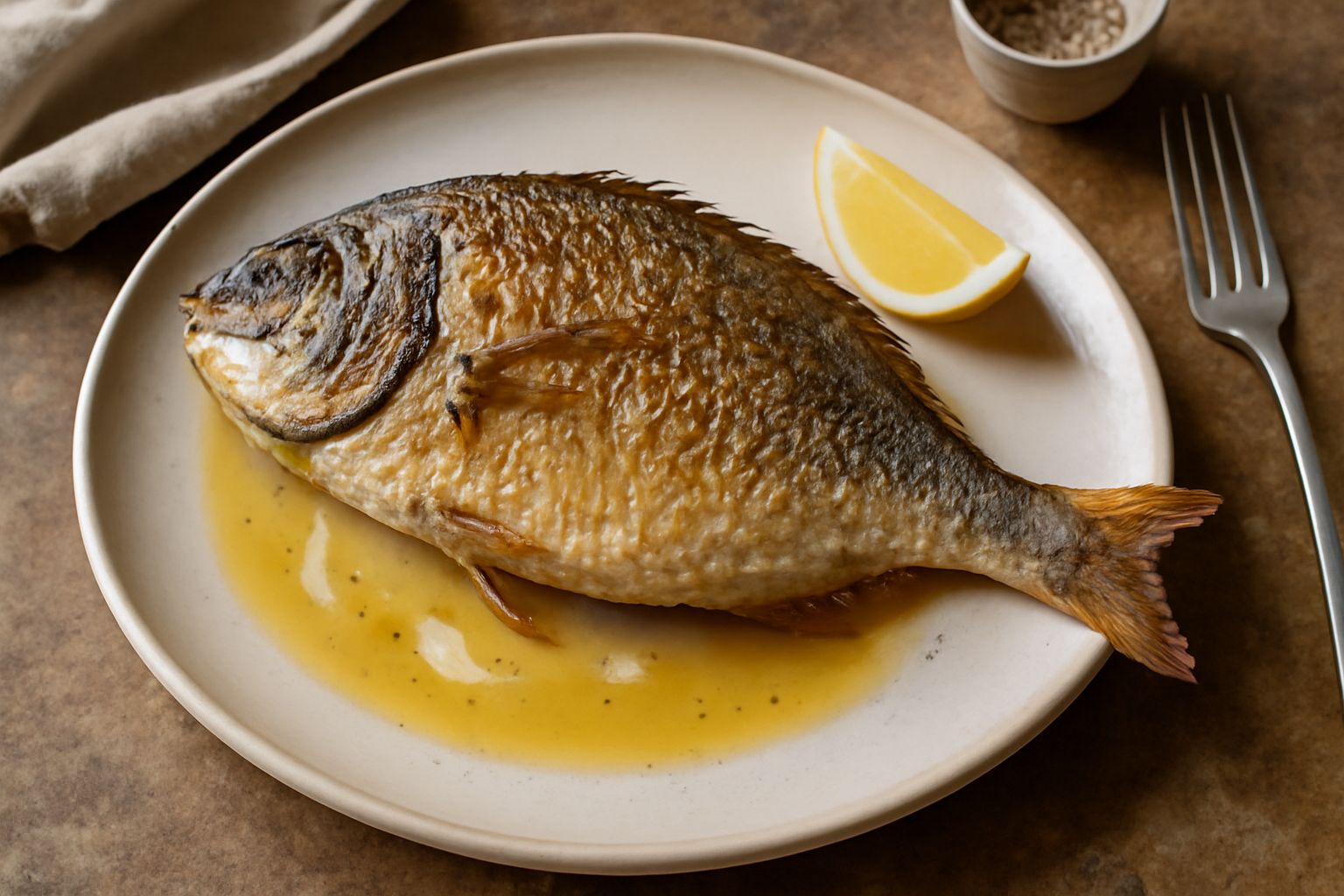 Sarago intero dorato e croccante in padella con superficie luccicante d'olio, circondato da fette di limone fresco e prezzemolo verde tritato, sfondo di padella scura antiaderente