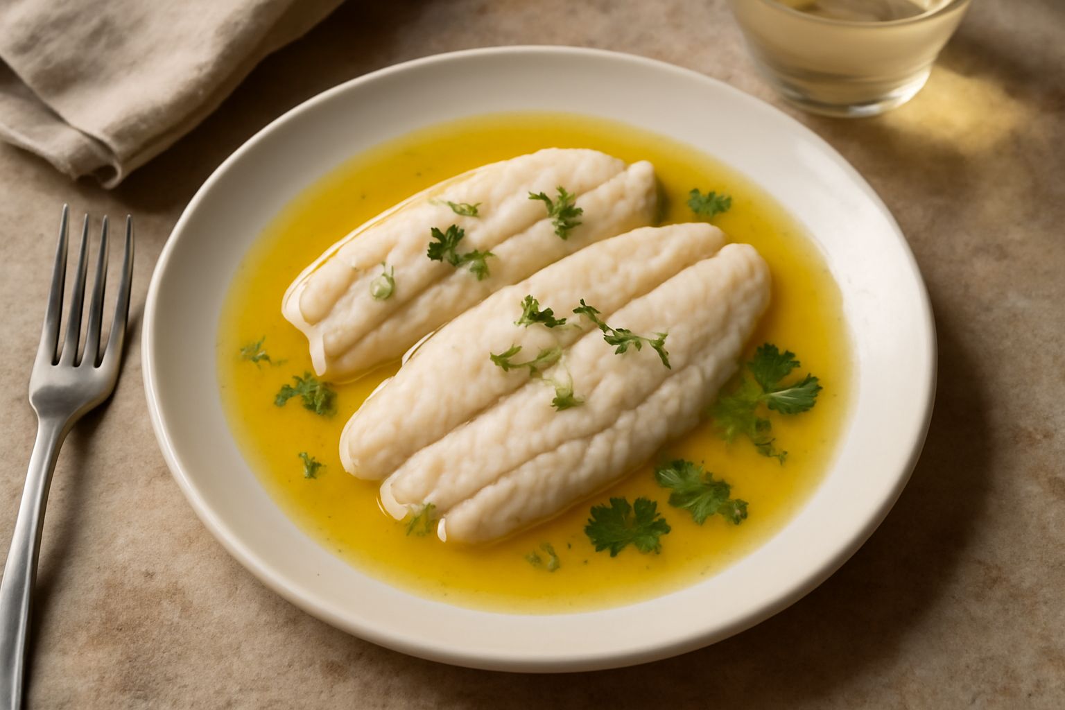 Filetto di sarago bianco servito in piatto bianco, ricoperto di salsa giallognola con gocce di olio verde, contornato da sottili fette di limone fresco e erbe aromatiche spezzettate