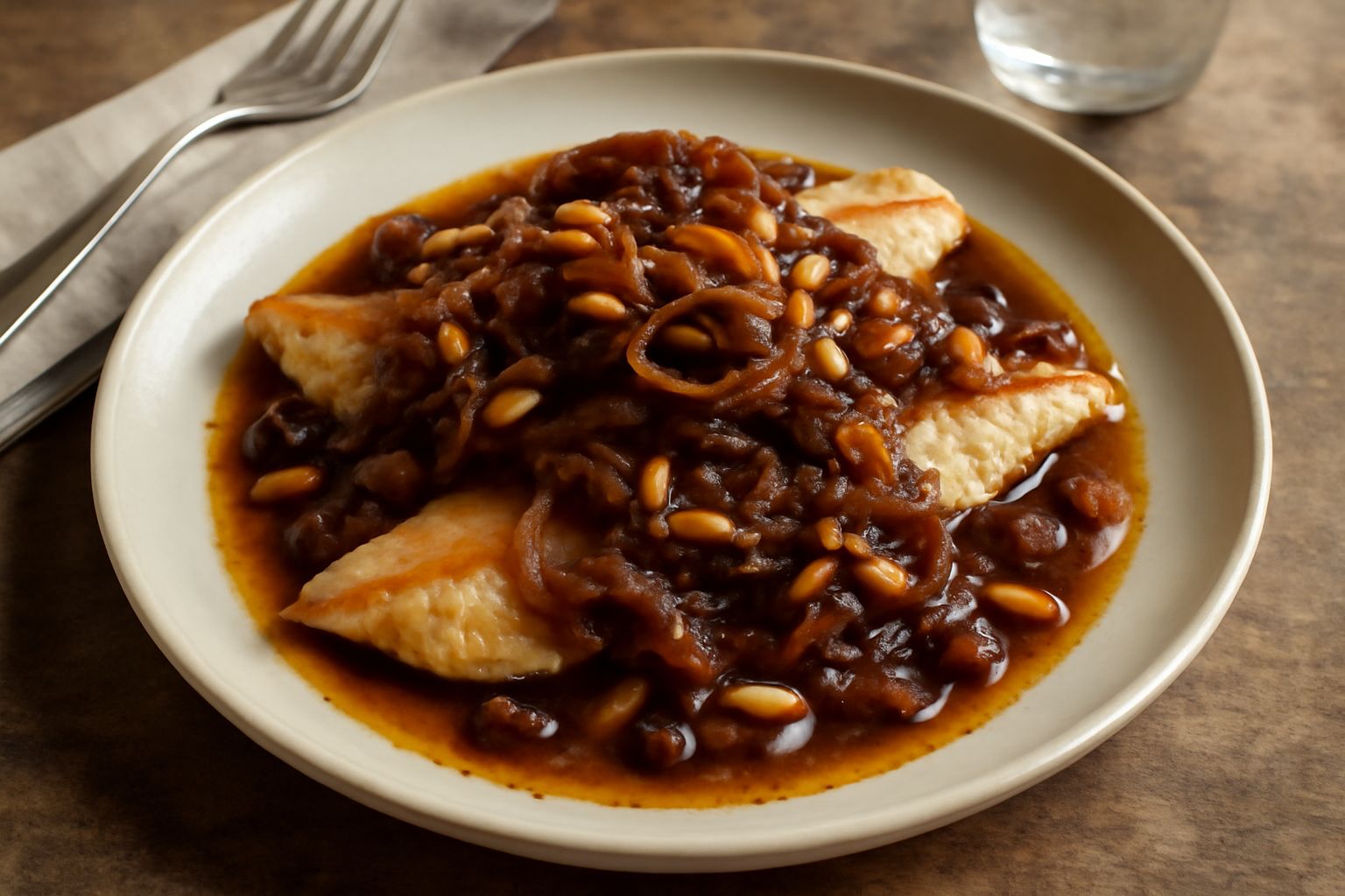 Filetti di sarago dorato in salsa marrone scuro con cipolla caramellata, pinoli tostati e uvetta, su un piatto bianco con contorno di verdure grigie