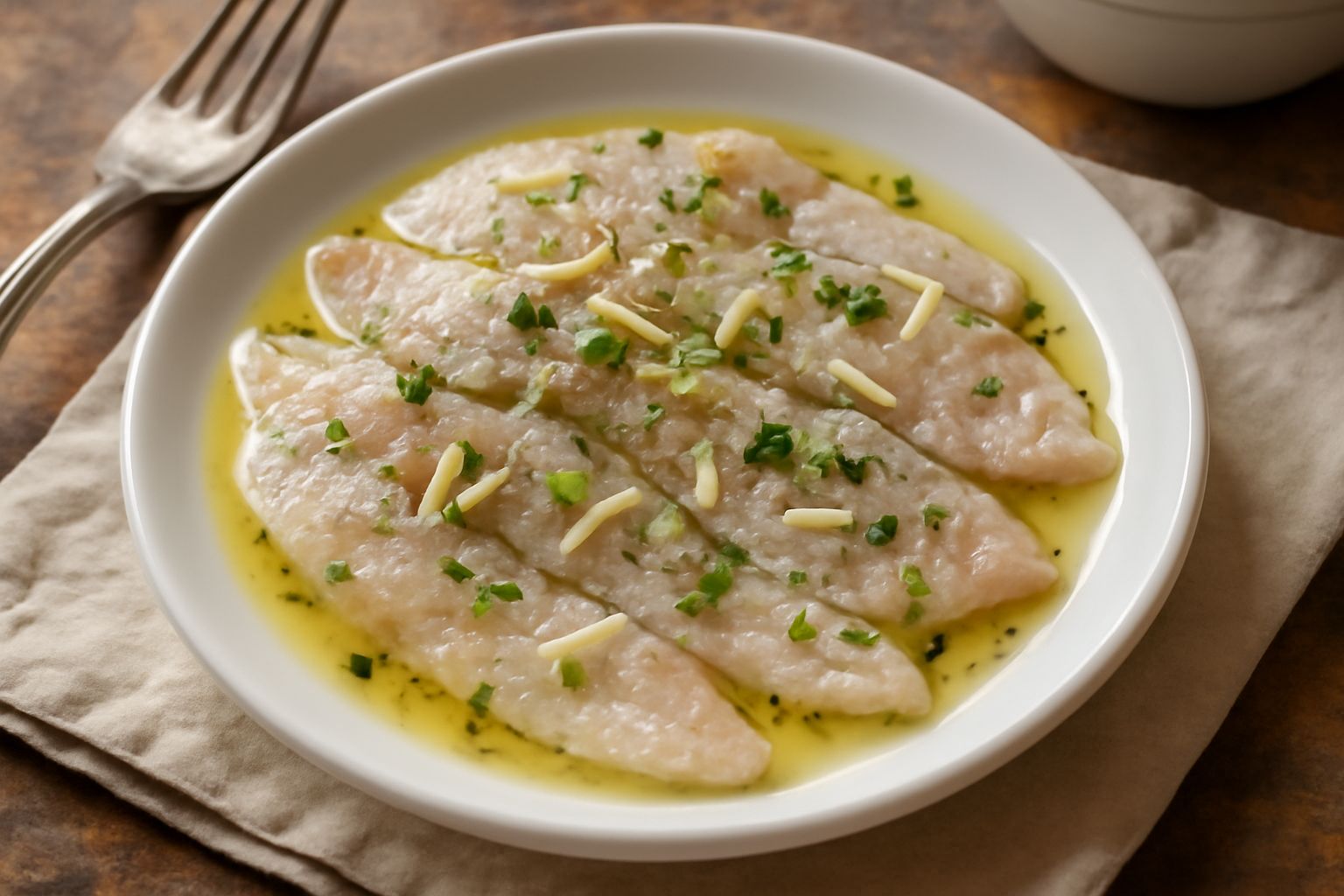 Filetti di sarago bianco e rosato disposti su un piatto bianco, cosparsi di aglio affettato e prezzemolo verde, ricoperti di marinatura trasparente dorata con limone fresco intorno