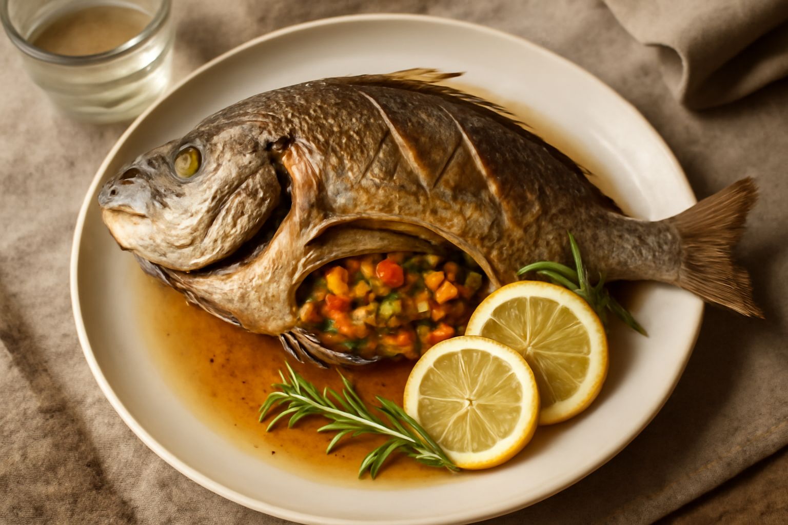 Sarago intero ripieno dorato al forno, guarnito con fette di limone fresco e rametti di rosmarino verde, disposto su un piatto bianco con contorno di verdure crude