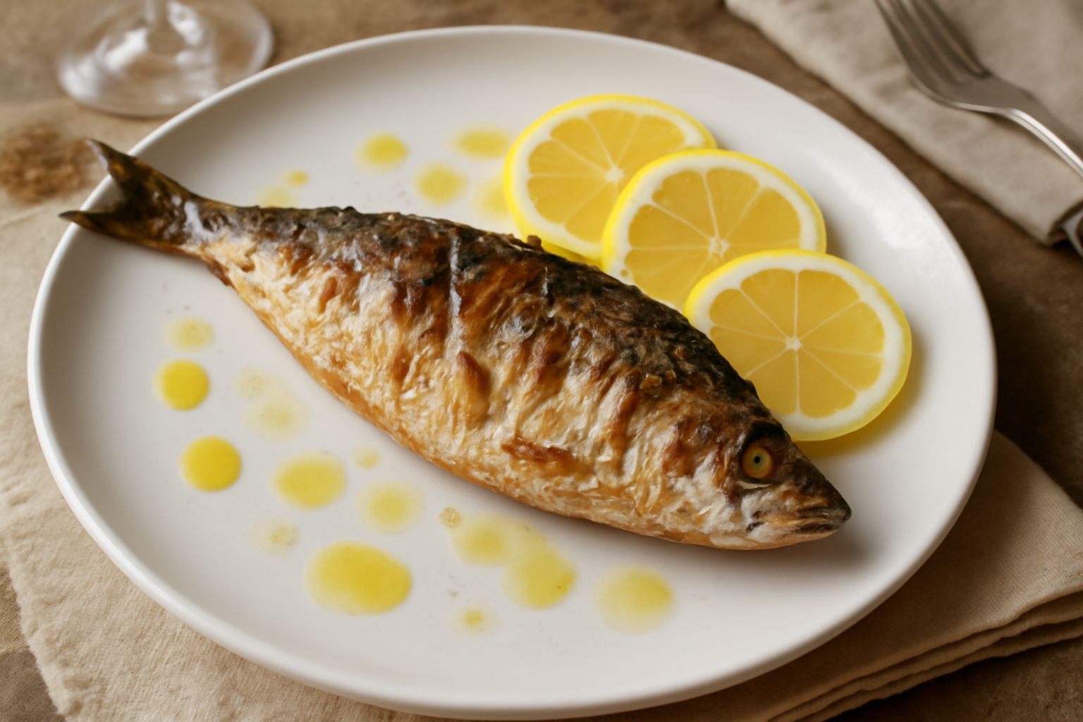 Una sarda intera dorata al forno su un piatto bianco, circondata da limone affettato, rosmarino fresco, con la pelle croccante color oro e occhio ancora lucido