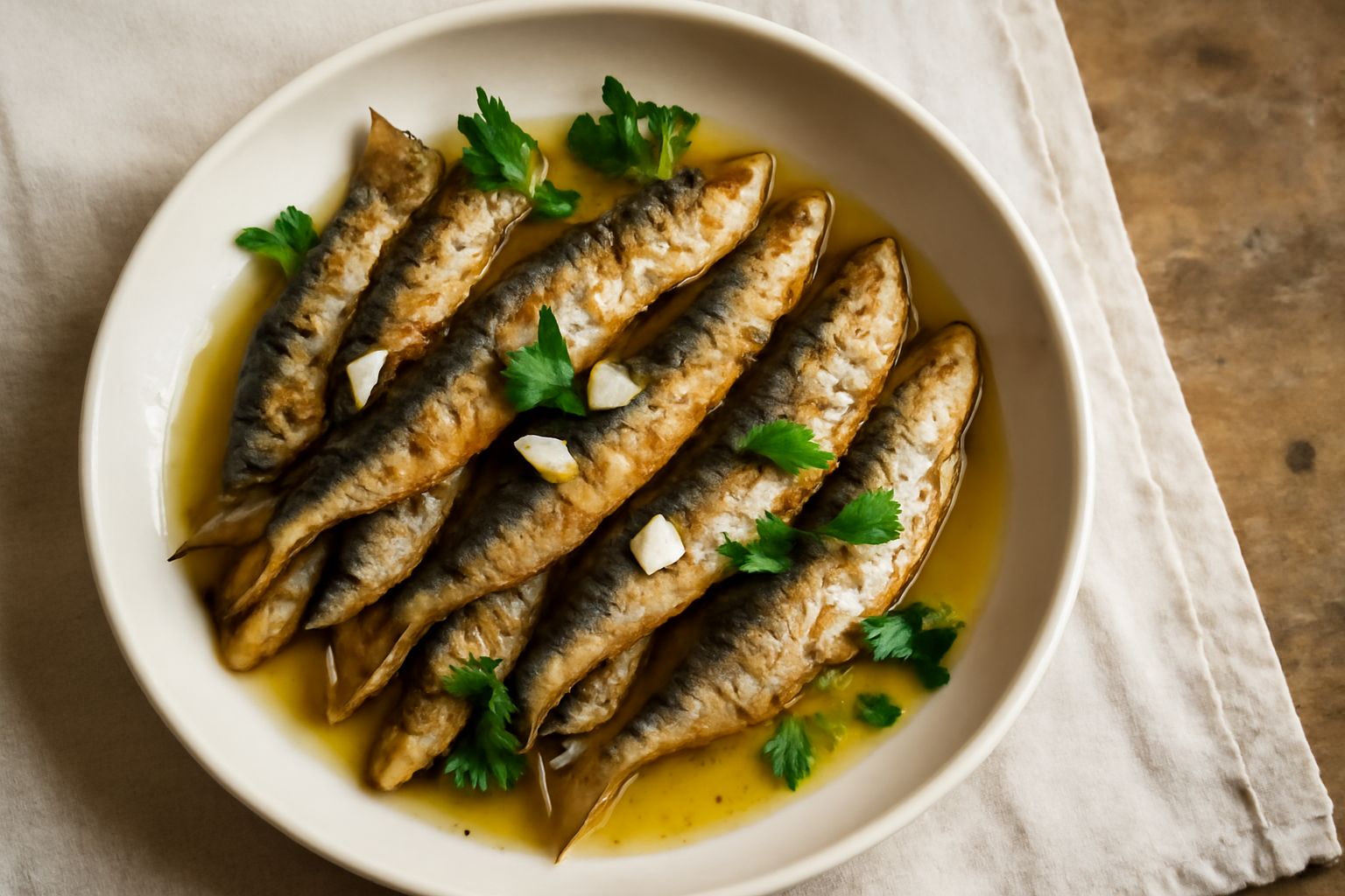Sardine intere dorate e croccanti disposte in un piatto bianco, coperte di olio trasparente, con spicchi di aglio bianco e foglie di prezzemolo fresco, con sfondo sfocato chiaro estivo