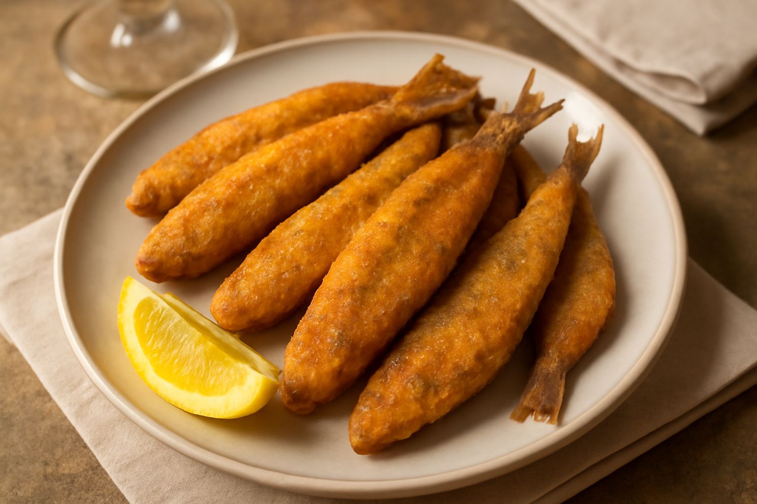 Sardine fritte dorate e croccanti disposte su carta assorbente bianca, servite con spicchi di limone fresco e prezzemolo