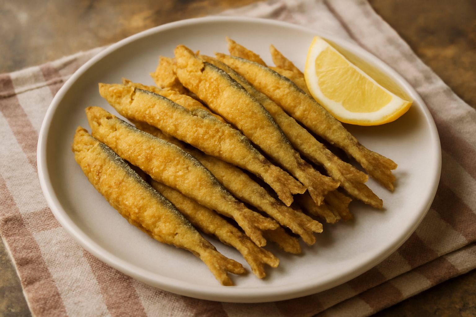 Sardasse fritte dorate e croccanti disposte su un piatto bianco con spicchi di limone fresco e prezzemolo verde, croccantezza visibile sulla panatura
