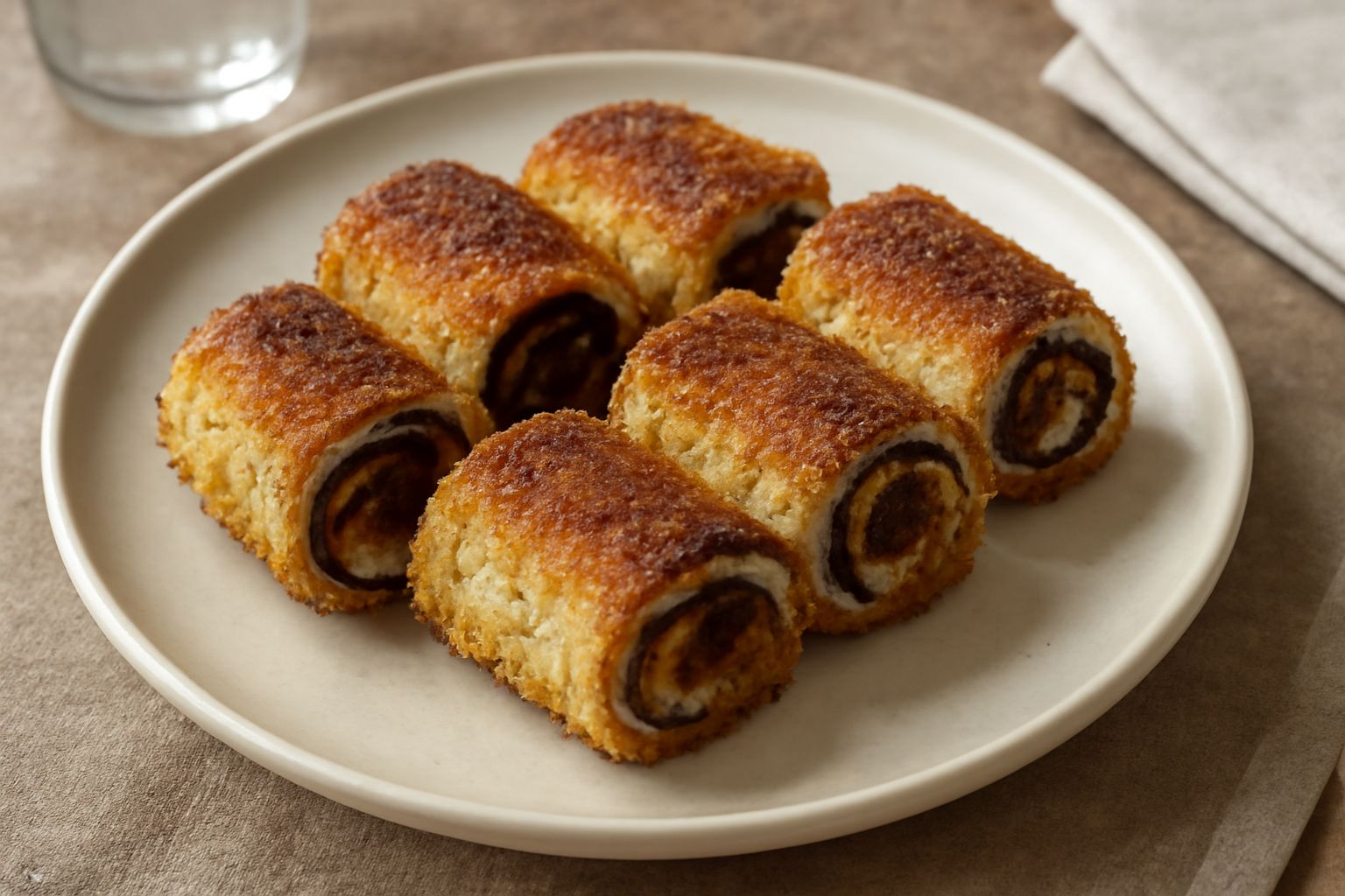 Otto sarde a beccafico dorate e appoggiate su un piatto bianco, ripiegate a forma di rotolo, con cipolla caramellata visibile all'interno e qualche pinolo sparso in superficie