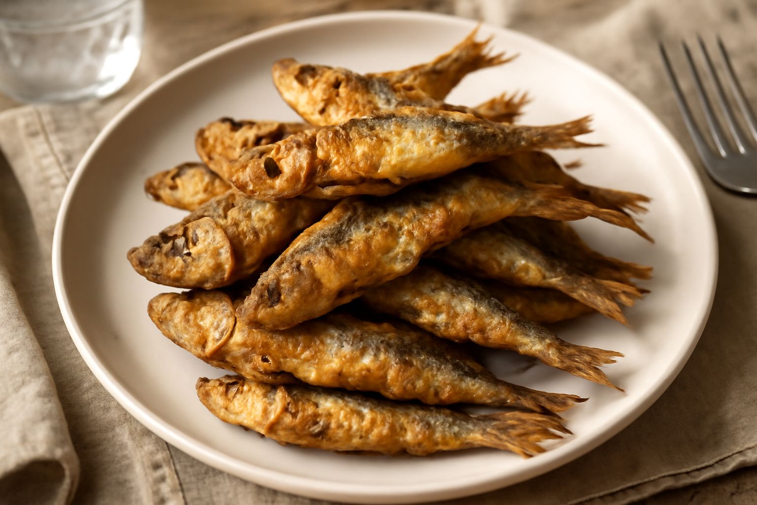 Piatto bianco con sarde intere dorate e croccanti, cosparse di prezzemolo fresco e contorno di limone tagliato a spicchi, olio d'oliva visibile sulla superficie