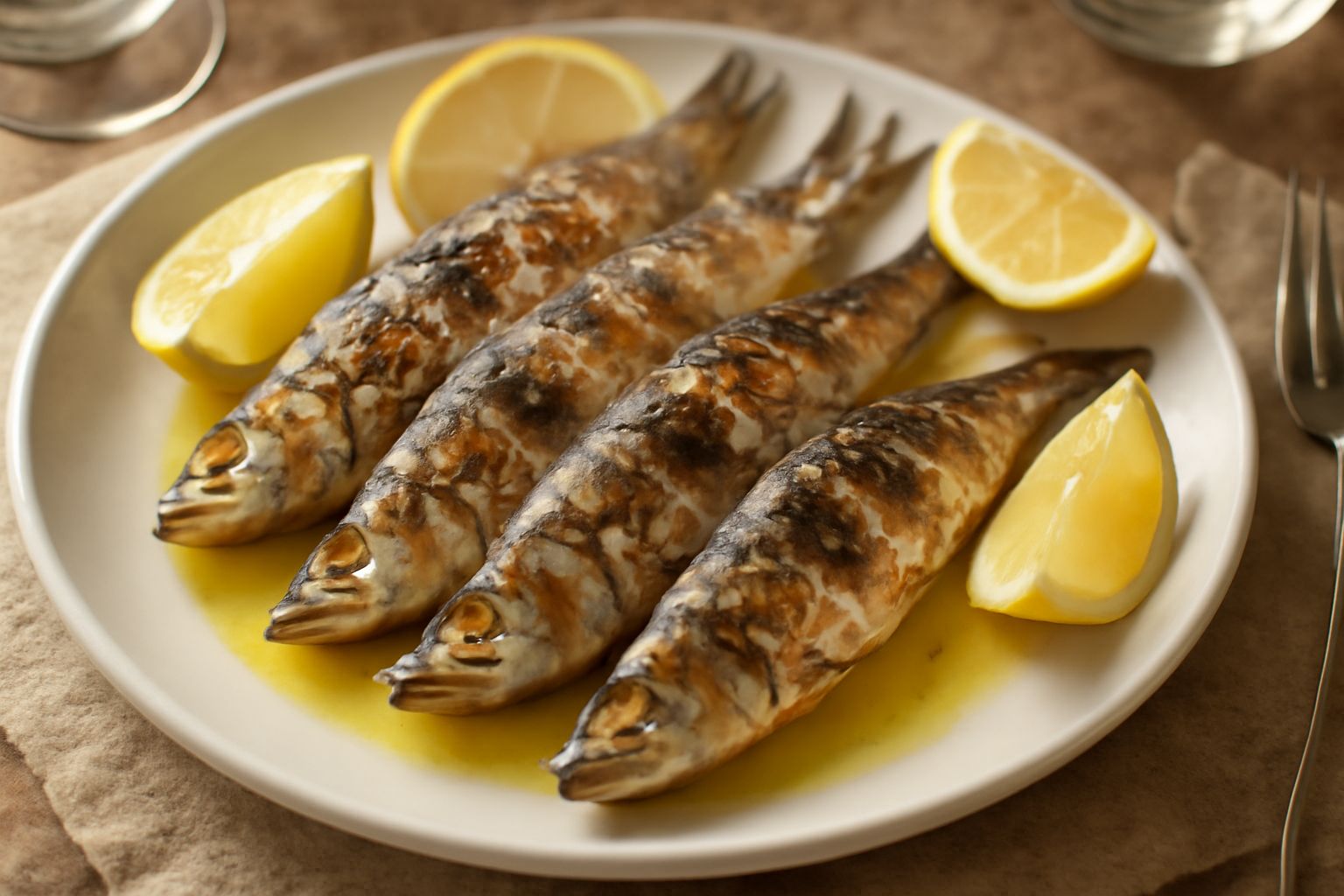 Sarde intere grigliate dorate su un piatto bianco, appena cotte, con limone tagliato a fette, prezzemolo fresco e un filo d'olio d'oliva crudo