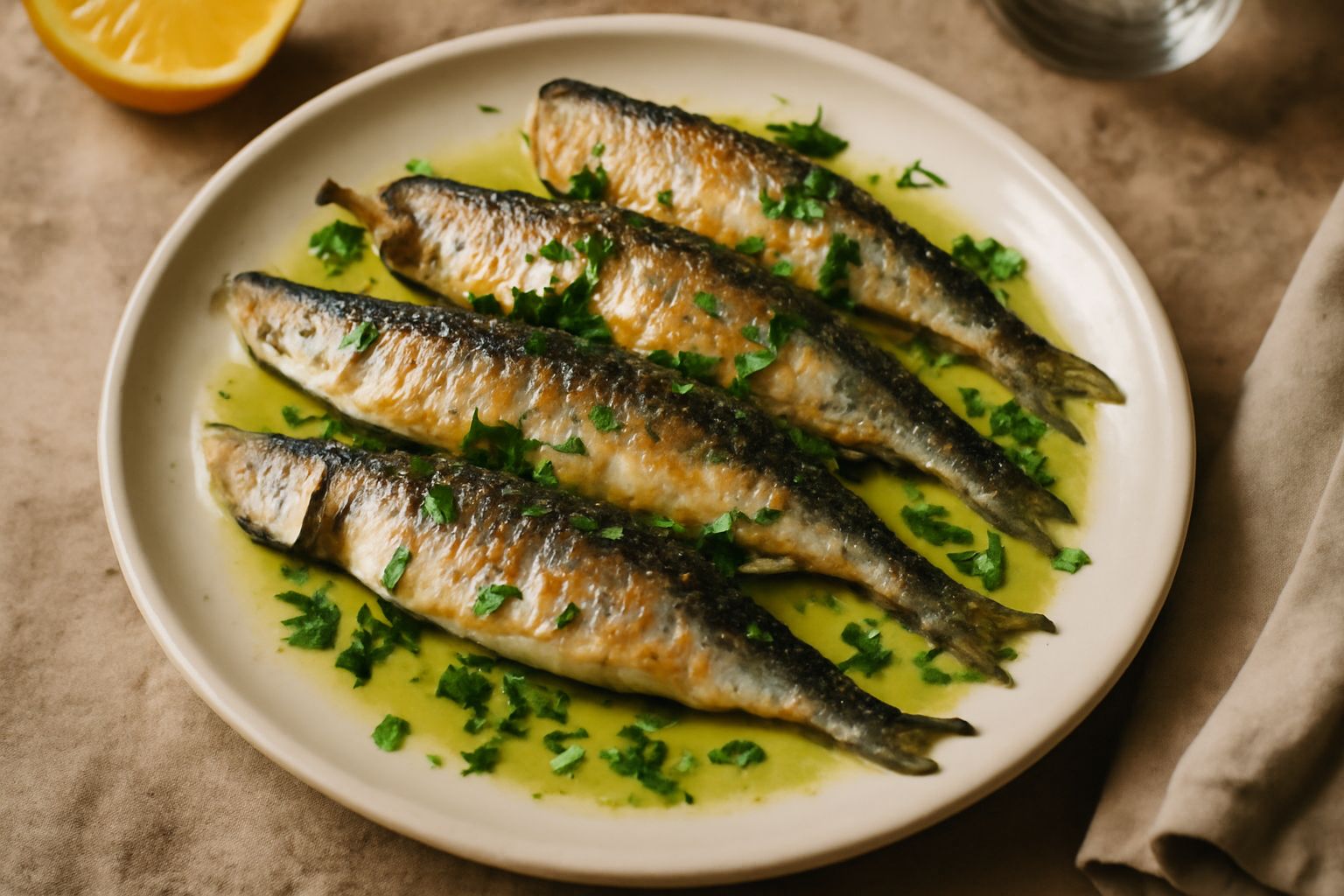 Sarde intere dorate e croccanti in padella antiaderente nera, finiture di limone fresco tagliato a spicchi e prezzemolo verde su fondo scuro