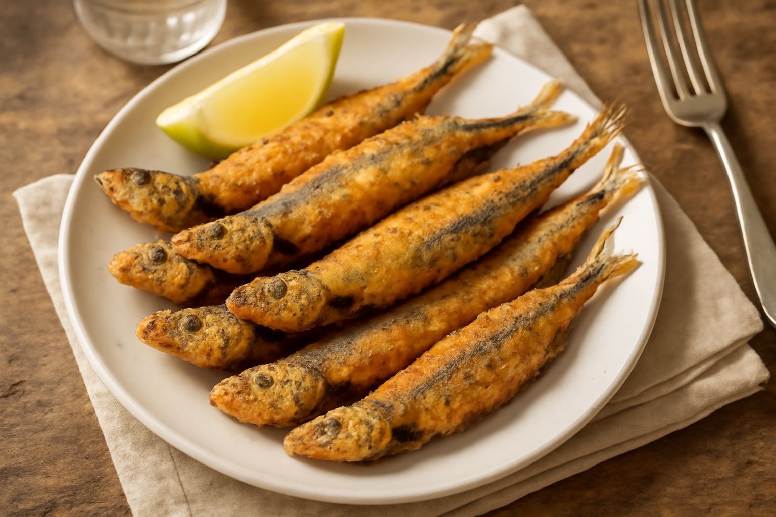 Sarde intere fritte, dorate e croccanti, disposte su un piatto bianco con limone fresco tagliato a spicchi, sale grosso e prezzemolo verde