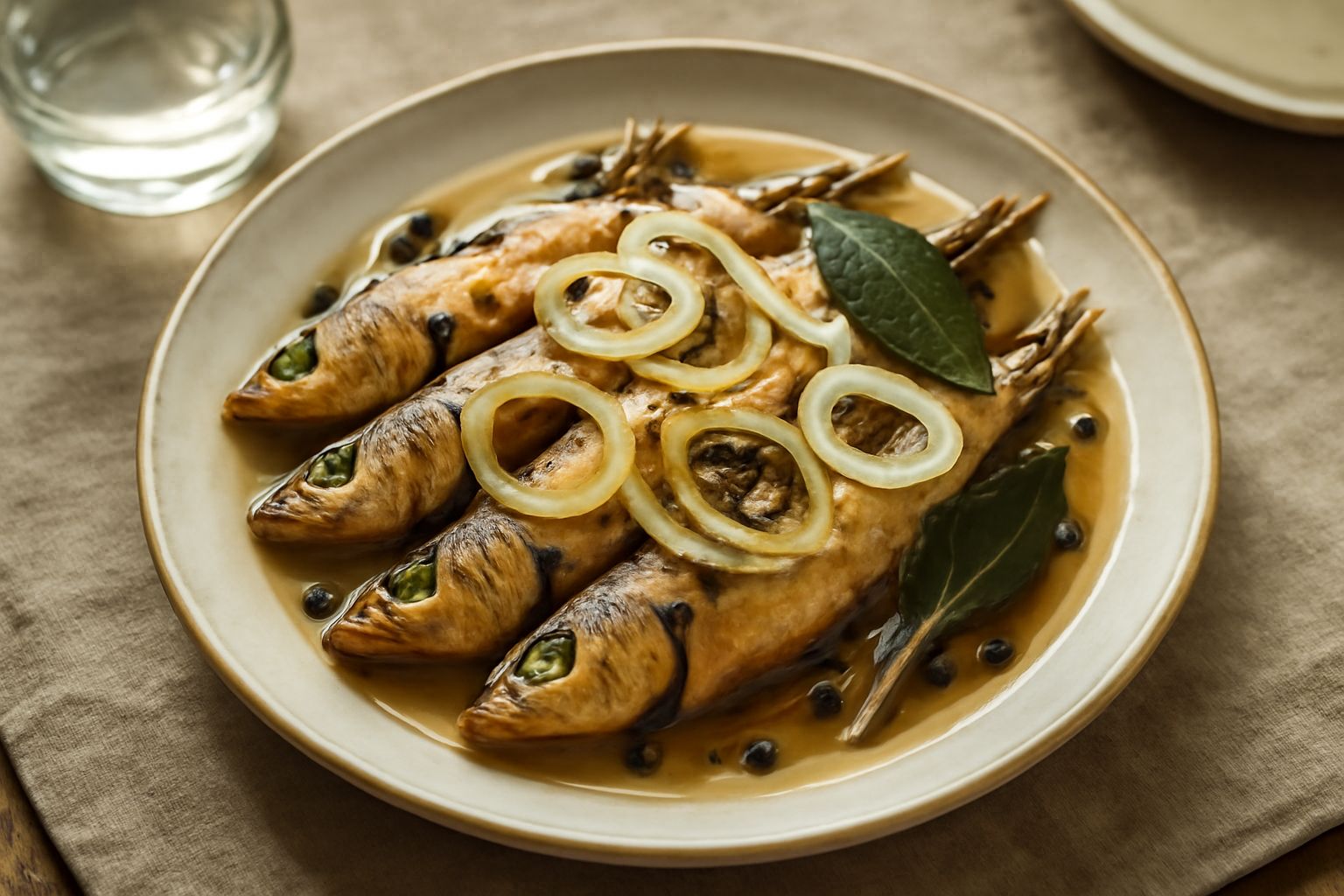 Sarde dorate fritte in un piatto bianco, coperte di marinata con fette di cipolla trasparenti, foglie di alloro e pepe nero visibile, aceto brillante che le bagna, contorno di limone fresco