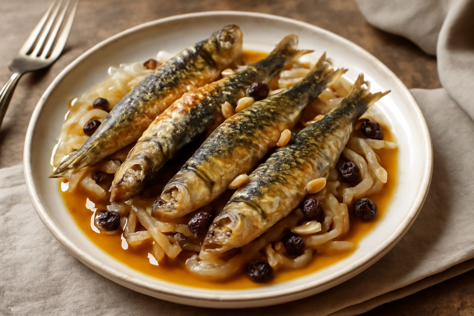 Sarde intere dorate e croccanti disposte su un piatto bianco con salsa agrodolce marrone, cipolla trasparente, uvetta scura e pinoli, guarnite con prezzemolo fresco