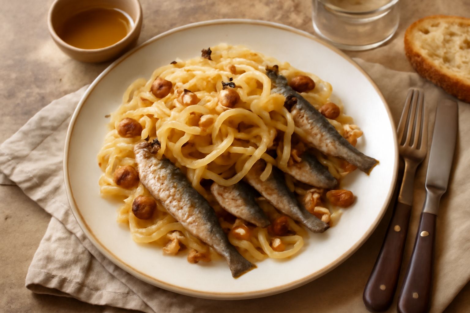 Piatto bianco con sardine dorate circondate da striscioline di cipolla trasparente e liquid ambrato, foto dall'alto con luce naturale