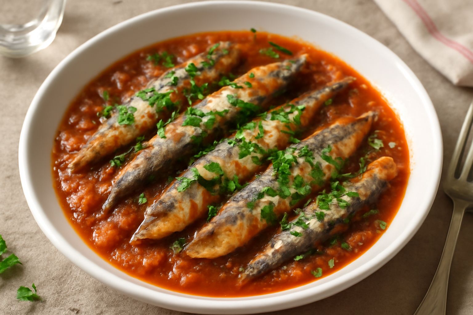 Piatto bianco con sarde intere in umido su salsa di pomodoro rosso, cipolla dorata, prezzemolo verde fresco sparso in superficie, contorno di pomodori interi e una fetta di limone sul bordo