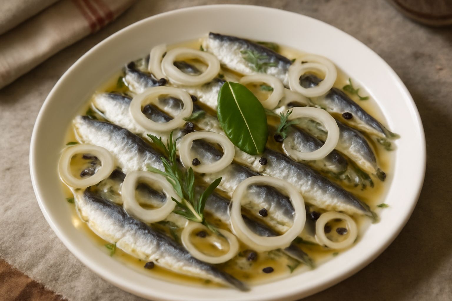 Sarde intere marinate su un piatto bianco con rametti di rosmarino fresco, ciliegie di pomodoro tagliate, cipolla bianca a fette sottili visibili nel liquido trasparente e ambrato, superficie lucida d