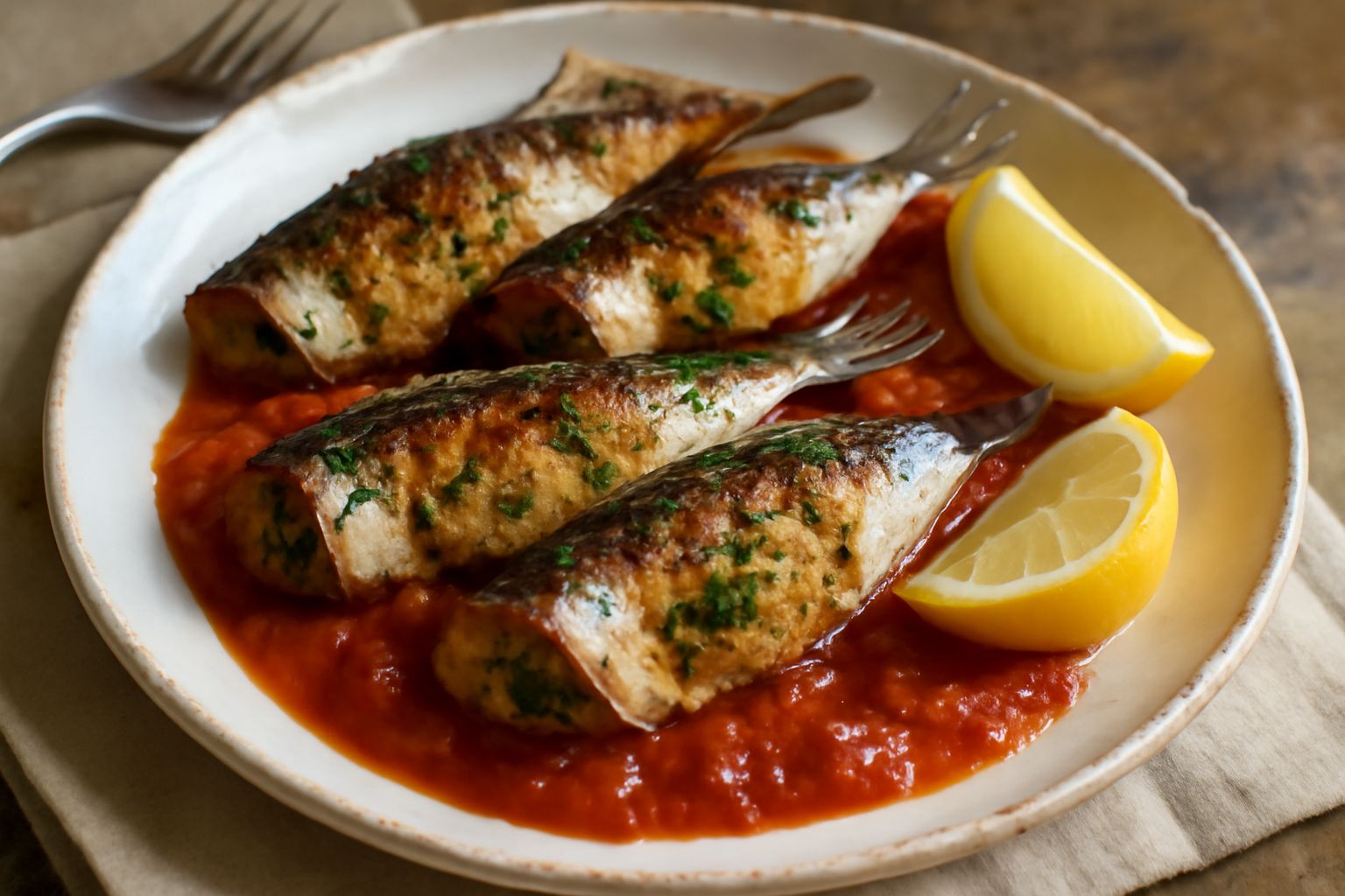 Sarde ripiene dorate nel piatto bianco, disposte in fila, con ripieno di pane e prezzemolo visibile tra le spalle aperte del pesce, bordo di pomodoro fresco e fette di limone giallo accanto
