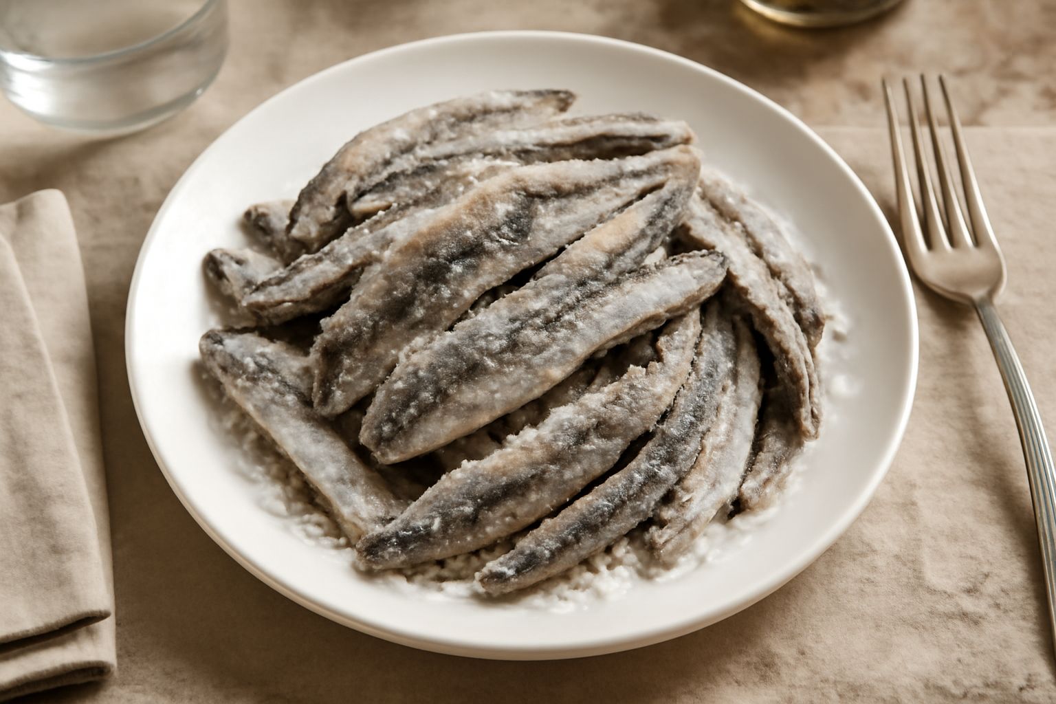 Sarde salate intere in un piatto bianco con limone fresco, prezzemolo e olio d'oliva, disposte a ventaglio, colore grigio argento e dorature dorate