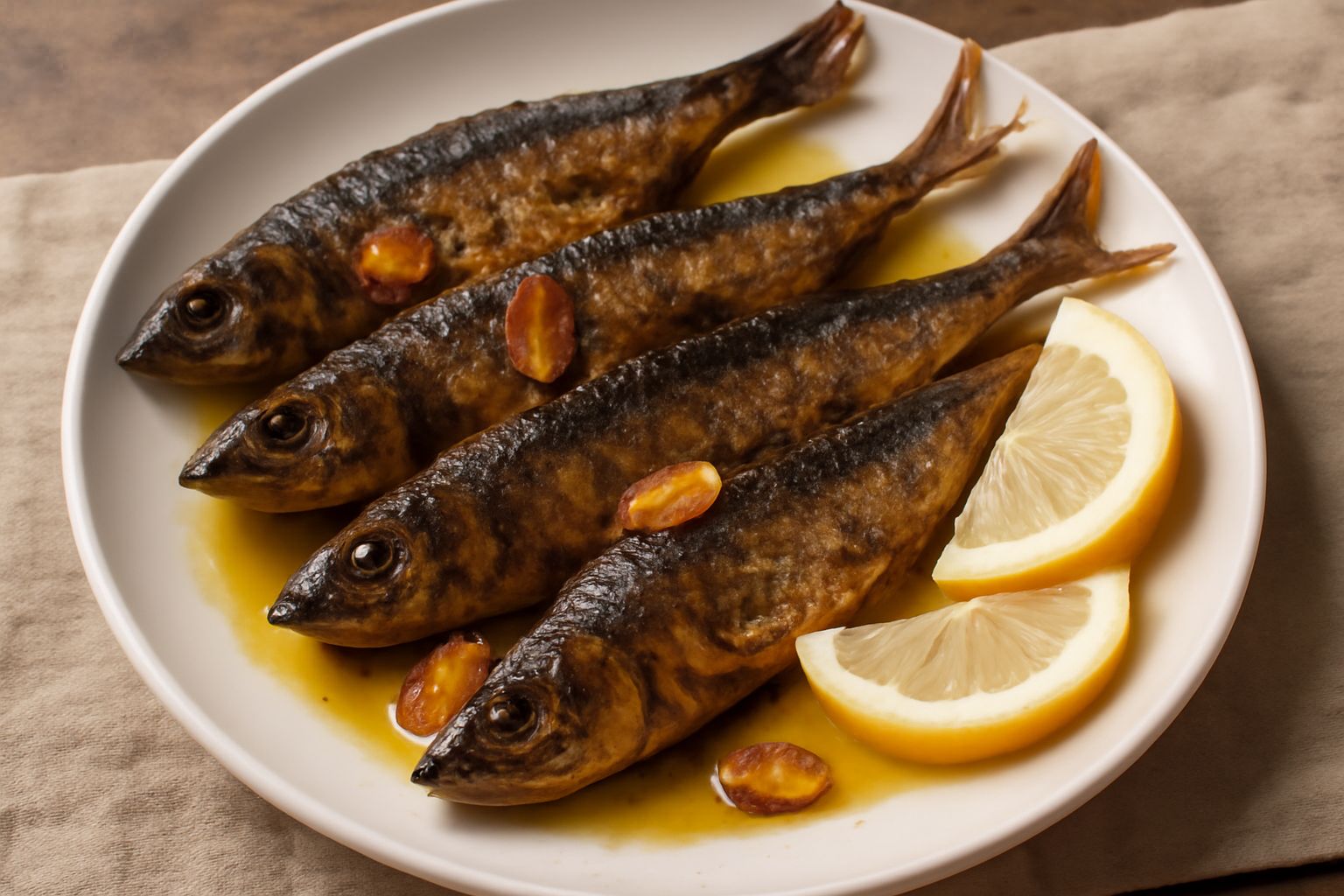 Sarde intere cotte e dorate in una ciotola bianca, condite con olio extravergine e spicchi di aglio fresco dorato, accompagnate da fette di pane scuro
