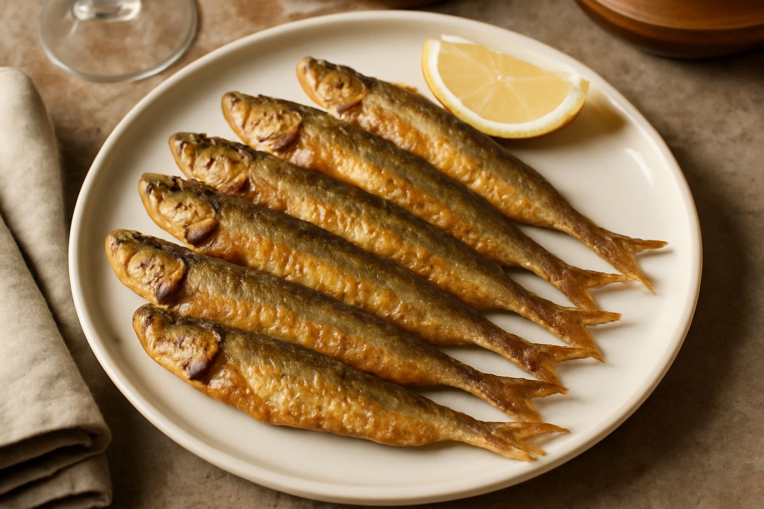 Sarde fritte dorate e croccanti su un piatto bianco, disposte a raggiera, guarnite con spicchi di limone fresco e accompagnate da pane tostato, sale marino grosso visibile sulla superficie dorata