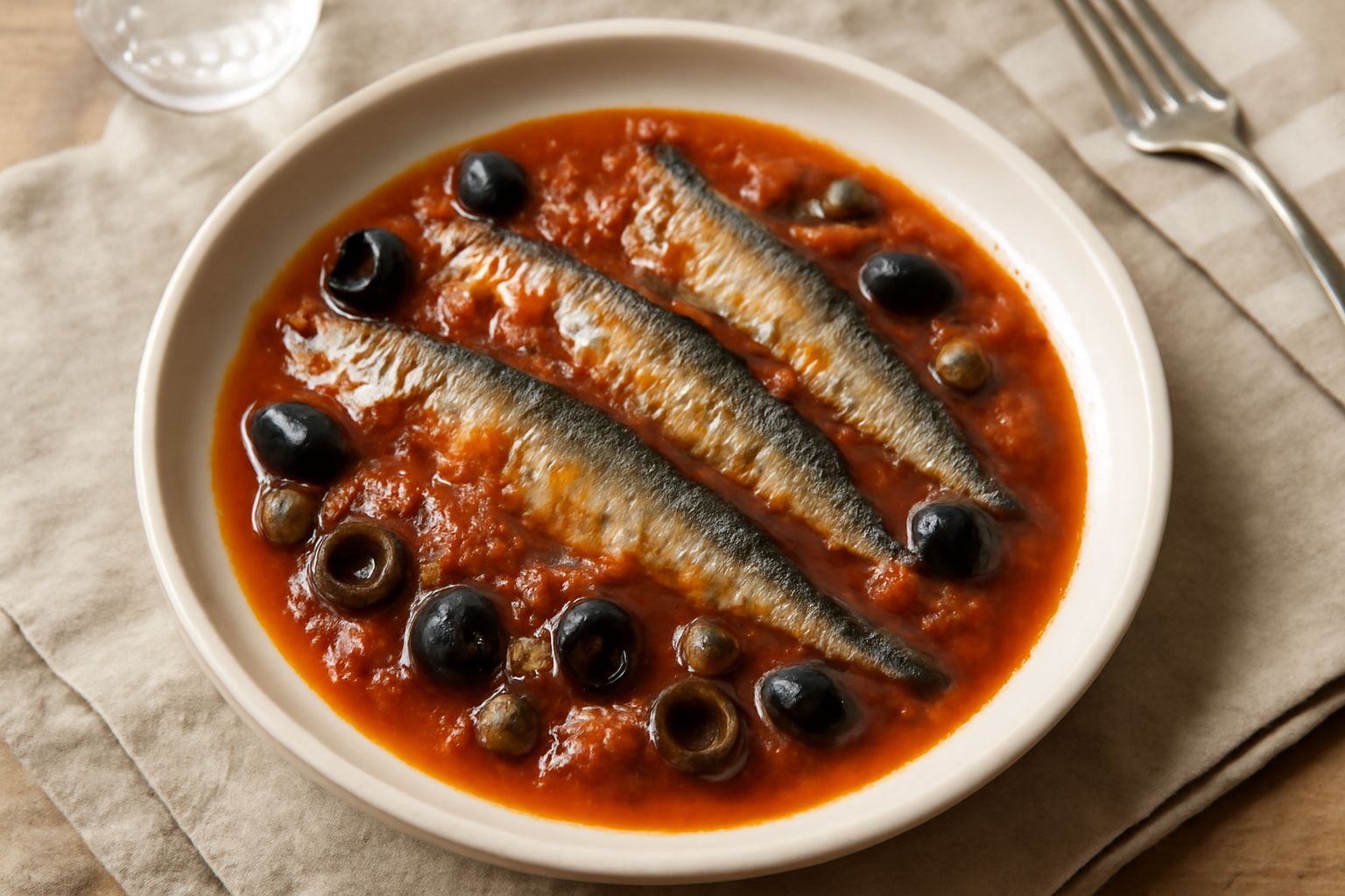 Un piatto di ceramica bianca con sarde in umido: pesce argenteo e tenero in salsa rossa di pomodoro, olive nere e capperi, con fette di cipolla trasparenti visibili sulla superficie
