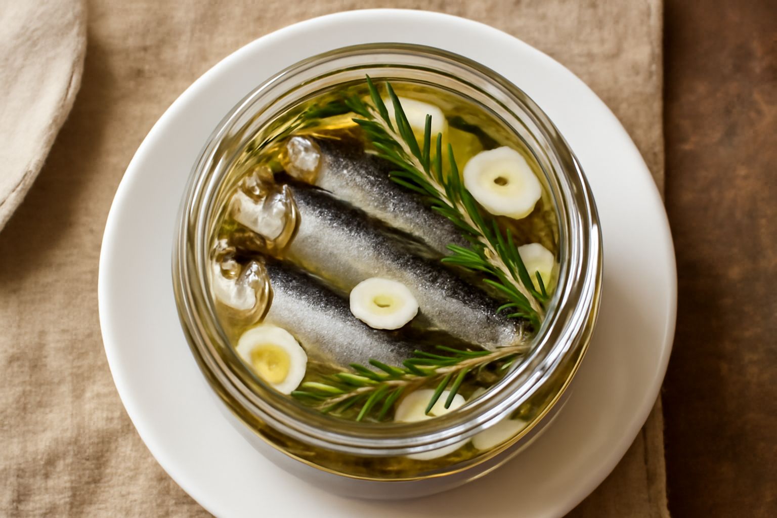 Vasetto di vetro trasparente con sarde intere sott'aceto, colore grigio-argento della sarda con rametti di rosmarino verde e scaglie di aglio bianco immersi in liquido trasparente giallastro