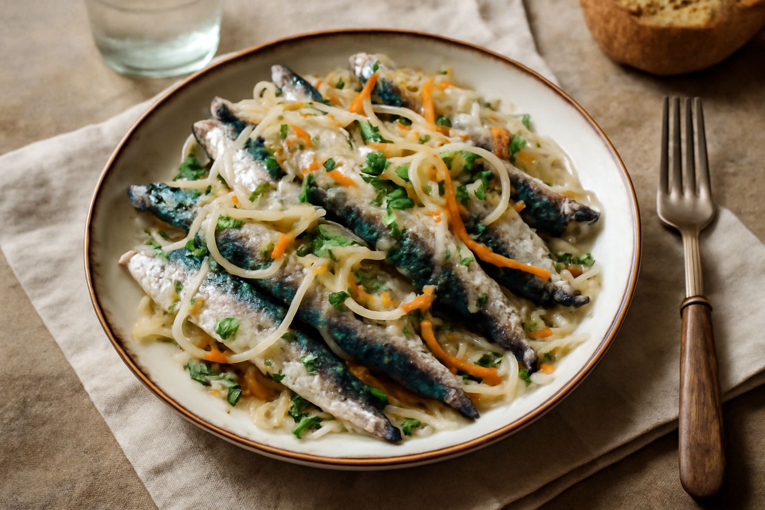 Vasetto di vetro con sarde argento sotto aceto chiaro, accompagnate da spicchi di cipolla e bacche di pepe sparse in primo piano