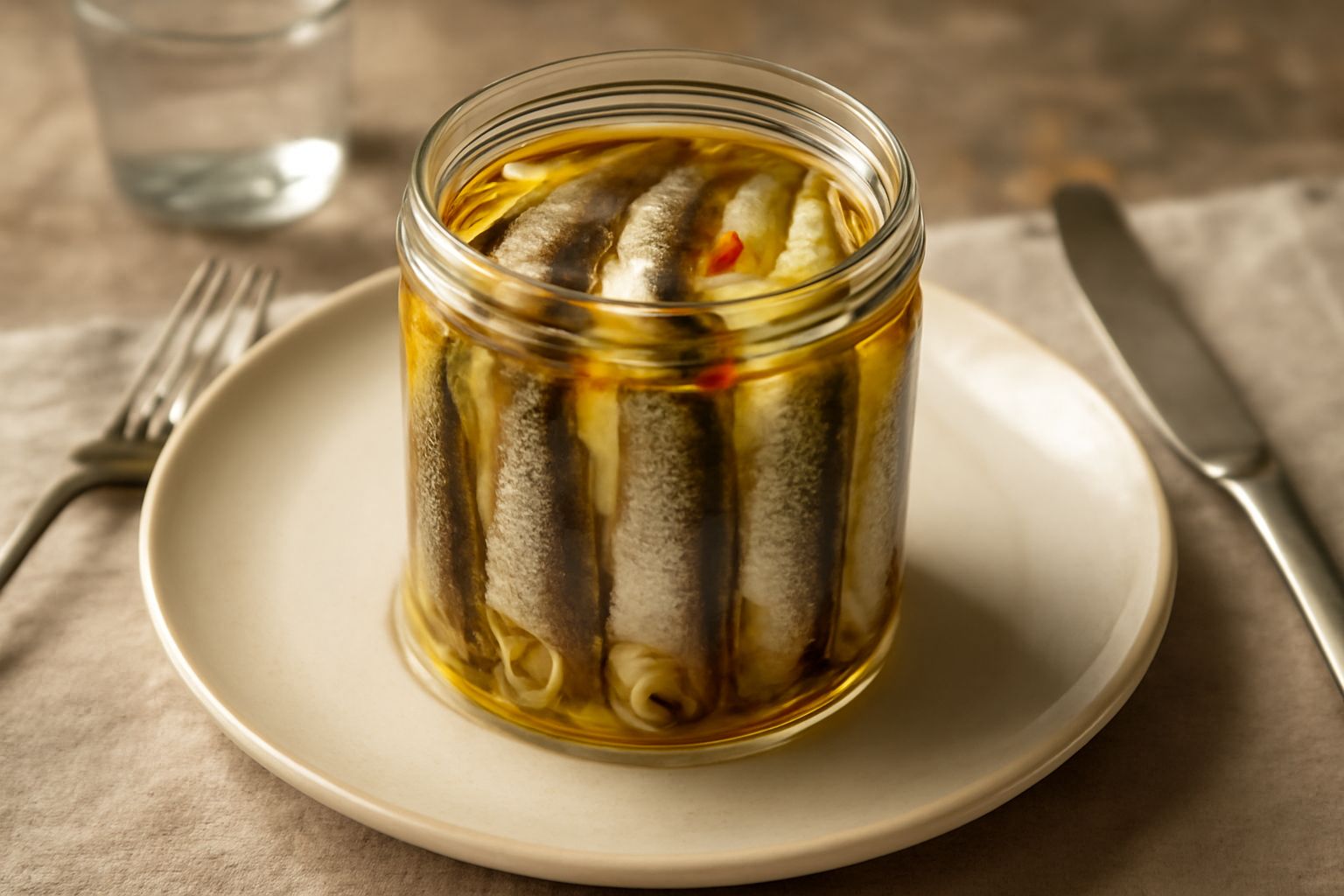 Vasetto di vetro con sarde intere sott'olio, pesce argentato visibile attraverso l'olio trasparente, con spicchi d'aglio e peperoncino rosso fra le file di sardine, su tavolo bianco con sfondo neutro