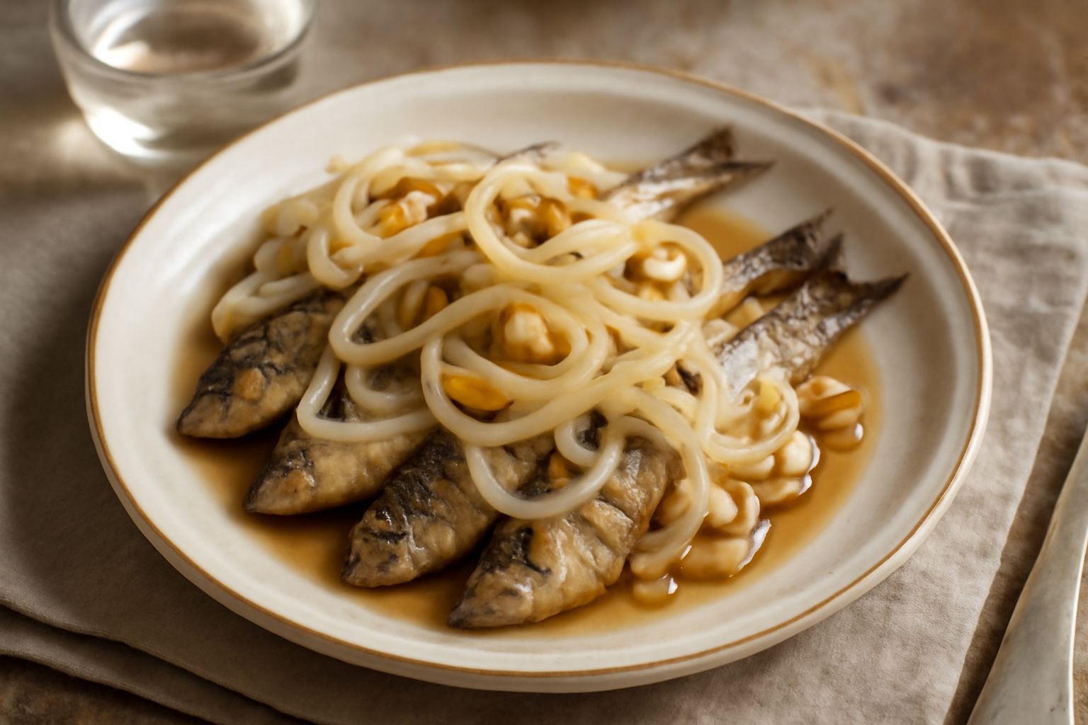 Sardine dorate fritte disposte in un piatto bianco coperte di salsa agrodolce con cipolla bianca affettata e pinoli, con aceto visibile sulla superficie, contorno di verdure grigie sfuocate