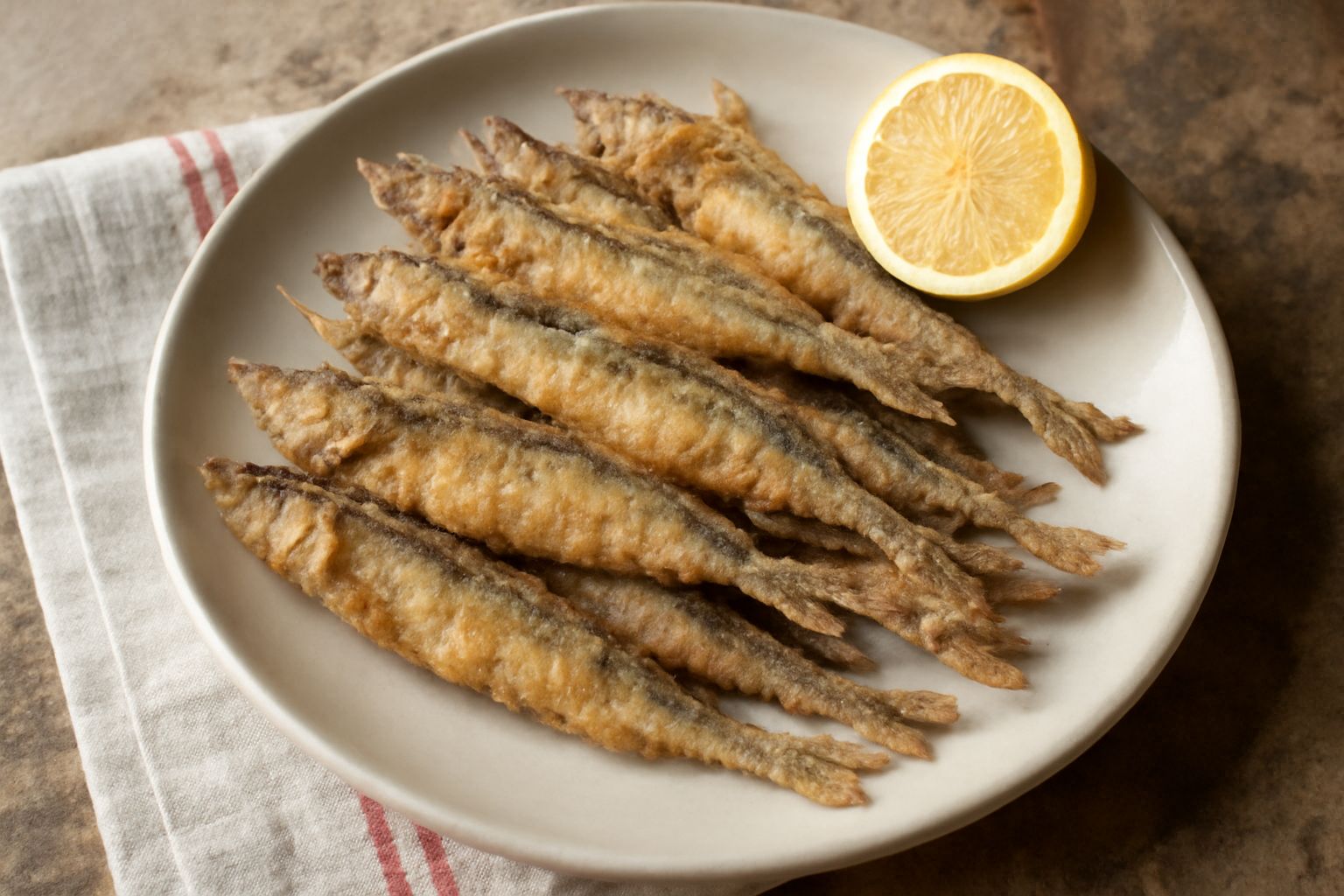 Sardelle fritte dorate e croccanti disposte su un piatto bianco con limone tagliato a spicchi e prezzemolo fresco, accanto un bicchiere di vino bianco