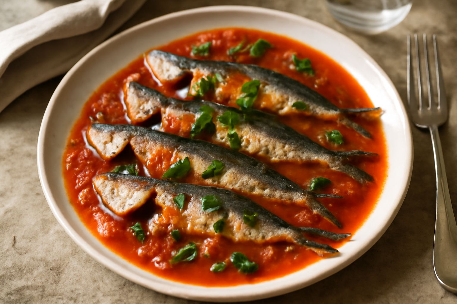 Sardelle intere coperte di salsa di pomodoro rosso brillante, sparse di basilico fresco, in un piatto bianco rotondo con olio d'oliva che lucida il bordo