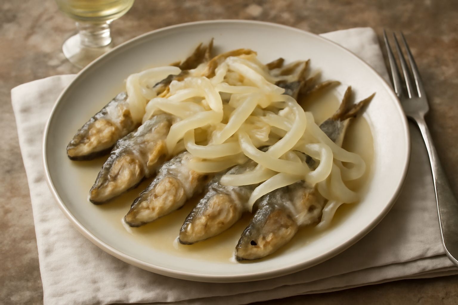 Sardine dorate disposte su un piatto bianco, ricoperte di cipolla bionda traslucida e aceto scuro, con una leggera patina lucida, accompagnate da fette di pane tostato su sfondo neutro