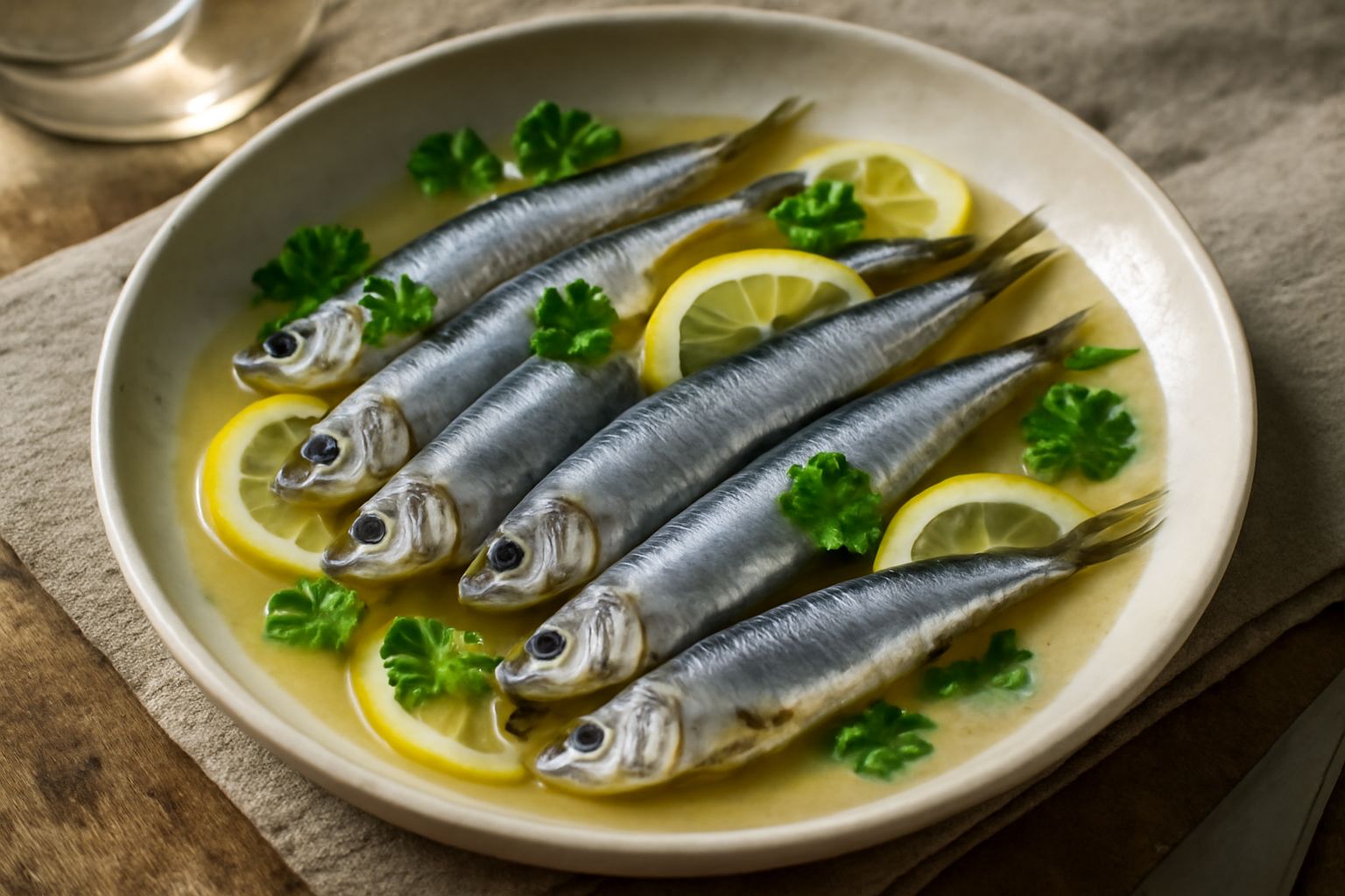 Piatto bianco con sardelle intere marinate, color argento con riflessi luminosi, ricoperte di aceto, con fettine sottili di limone e aglio visibili, accompagnate da pane tostato ai lati