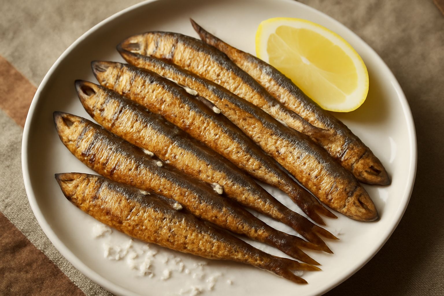 Sardelle salate dorate disposte su un piatto bianco con cristalli di sale grosso, limone fresco a spicchi e un filo di olio d'oliva