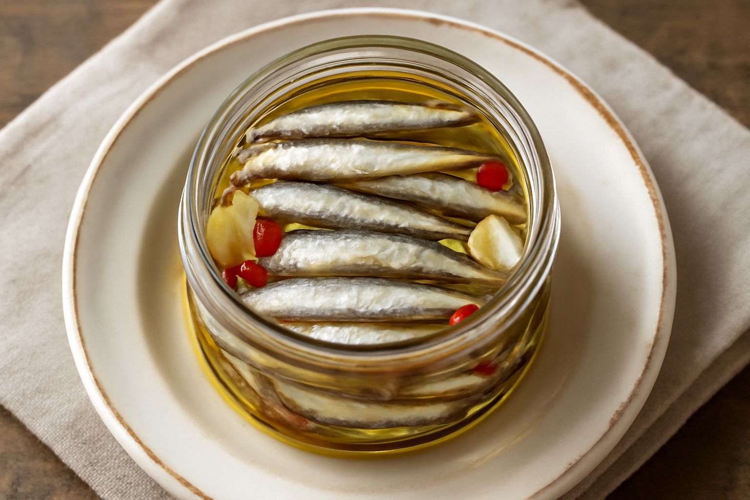 Vasetto di vetro con sardelle argentate immerse in olio trasparente, fette di aglio bianche e pezzetti di peperoncino rosso visibili tra i pesci